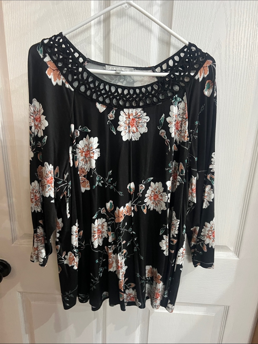 Daniel Rainn Black Floral Long-Sleeve Top with Crochet Neckline